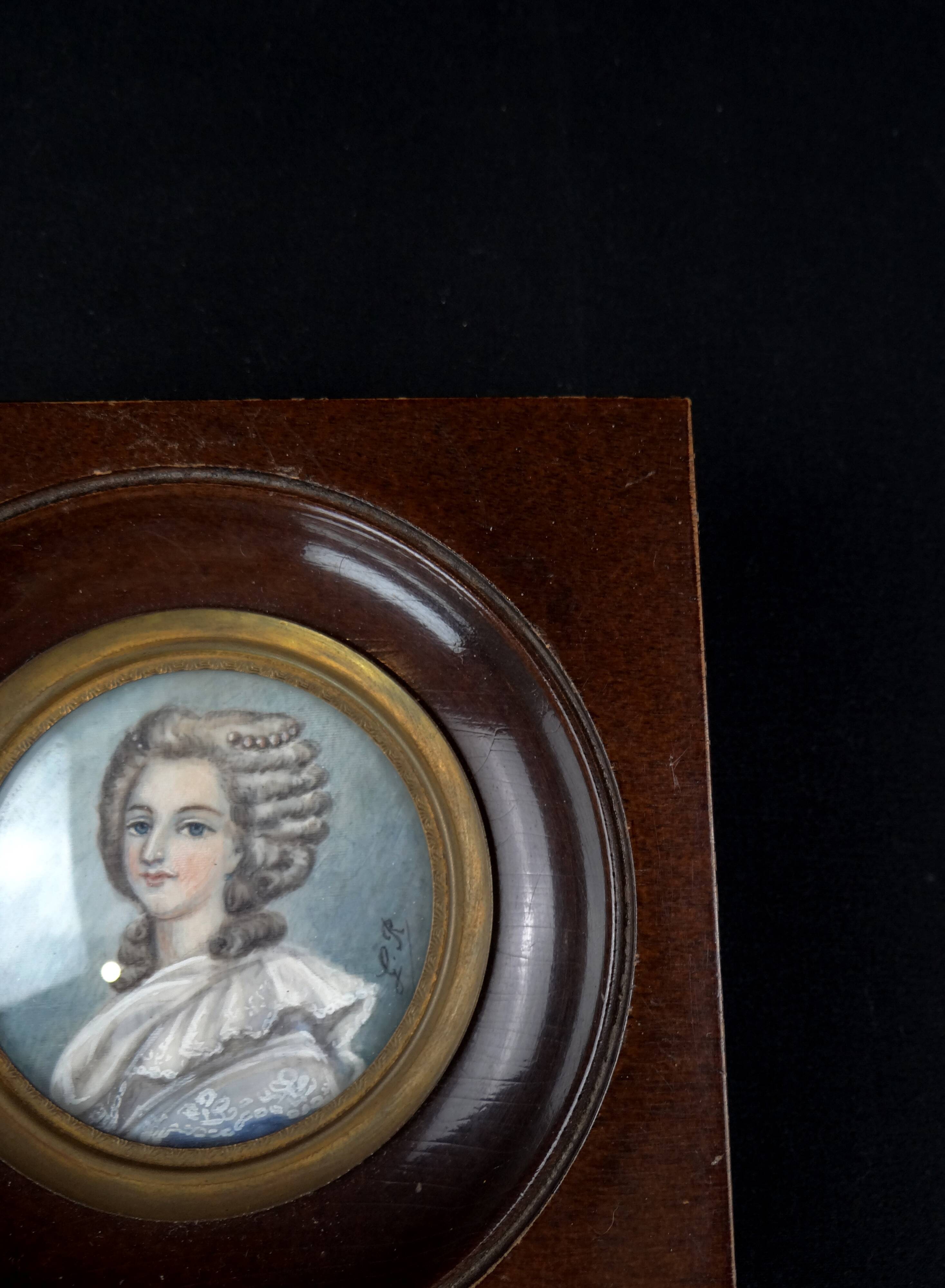Framed 19th-century miniature gouache portrait of an aristocratic woman