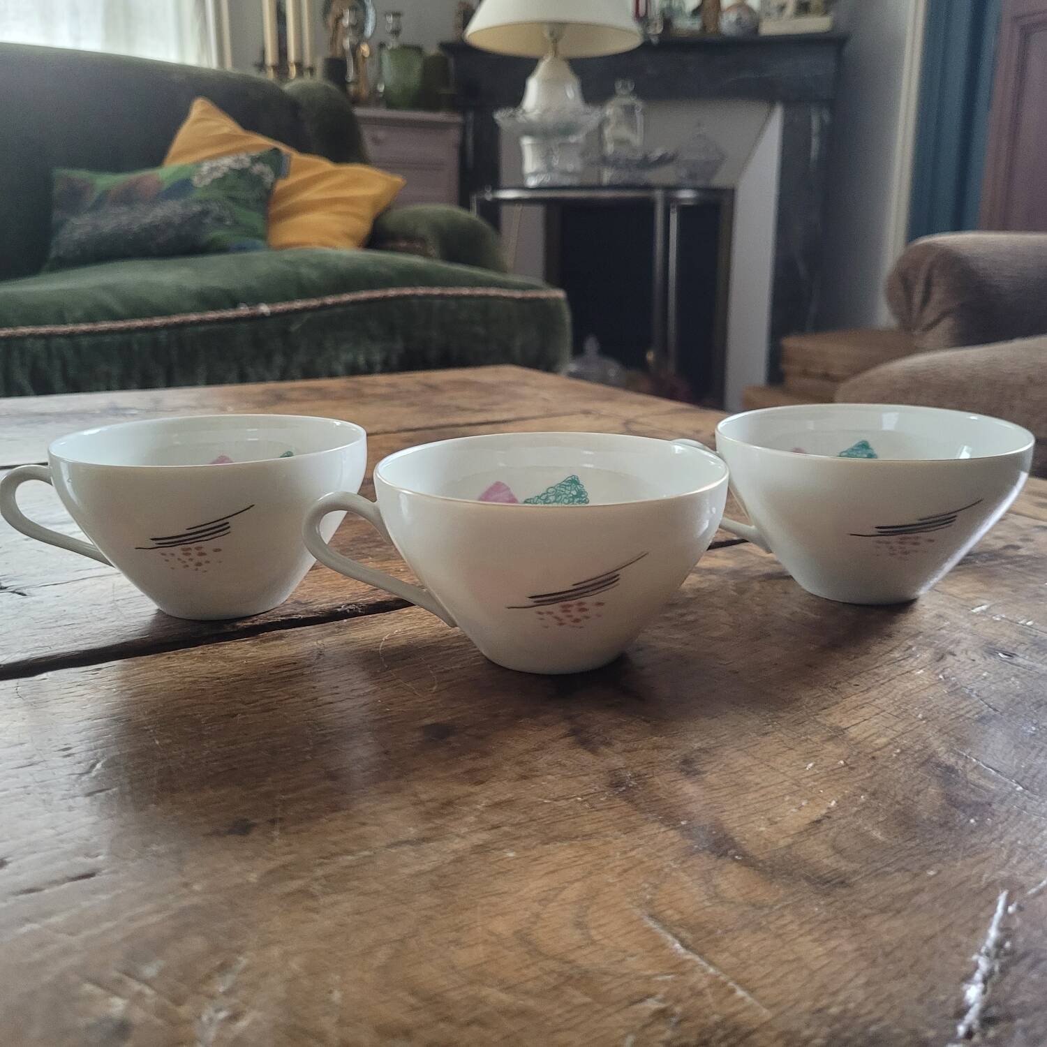 3 Bavaria Winterling porcelain cups – 1950s pink and green decor