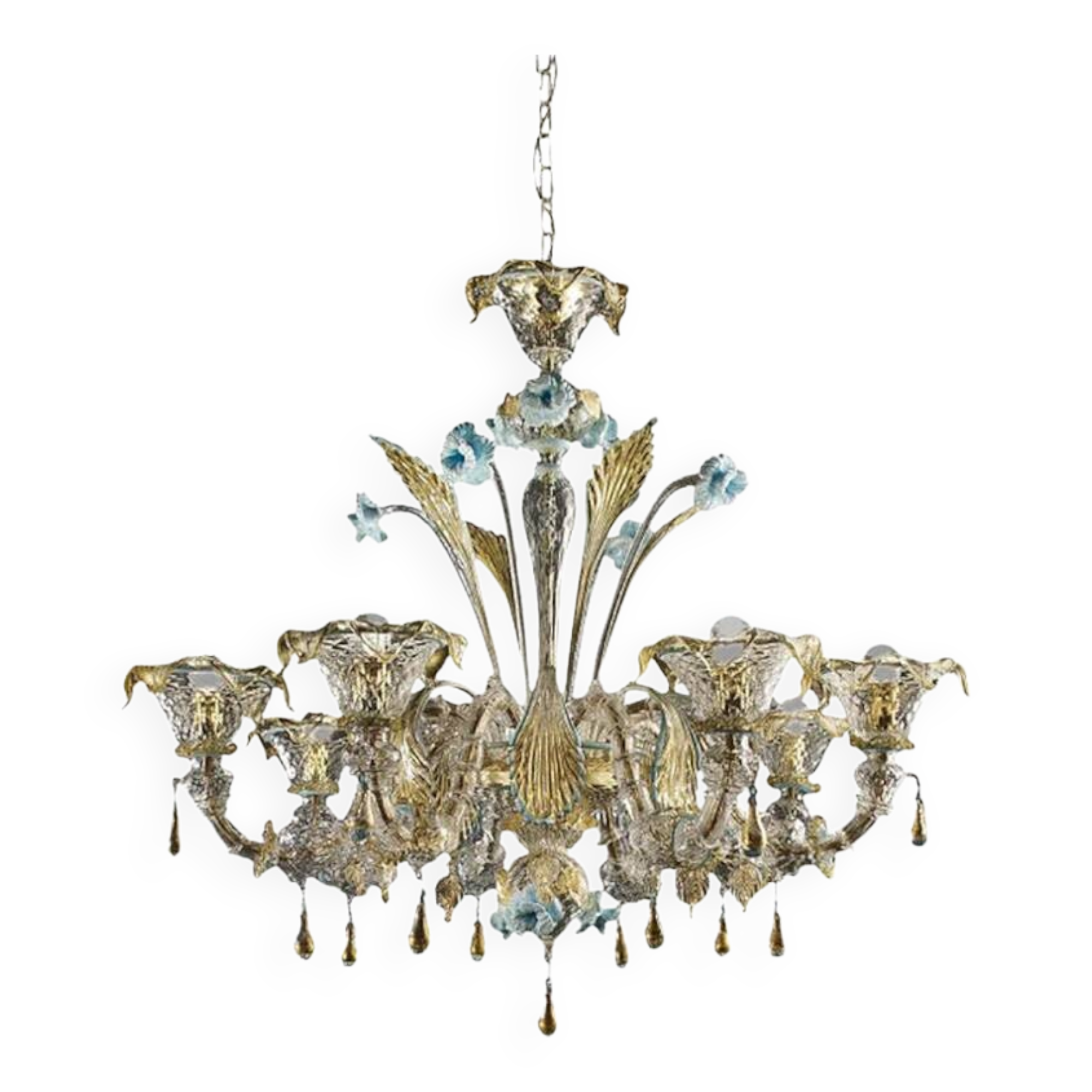 Contemporary Venetian Transparent-Gold Murano Style Glass Chandelier With Leaves and Turquoise Flowe