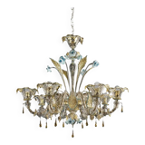 Contemporary Venetian Transparent-Gold Murano Style Glass Chandelier With Leaves and Turquoise Flowe