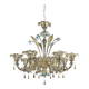 Lustre vénitien contemporain en verre de Murano transparent et doré avec feuilles et fleurs turquoises