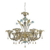 Lustre vénitien contemporain en verre de Murano transparent et doré avec feuilles et fleurs turquoises