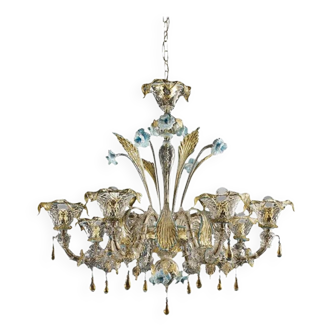 Lustre vénitien contemporain en verre de Murano transparent et doré avec feuilles et fleurs turquoises