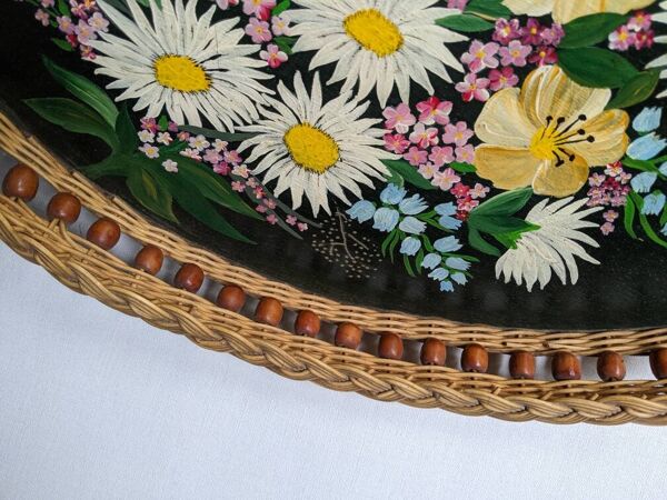 Plateau de service décor floral tressage artisanal campagne bohème