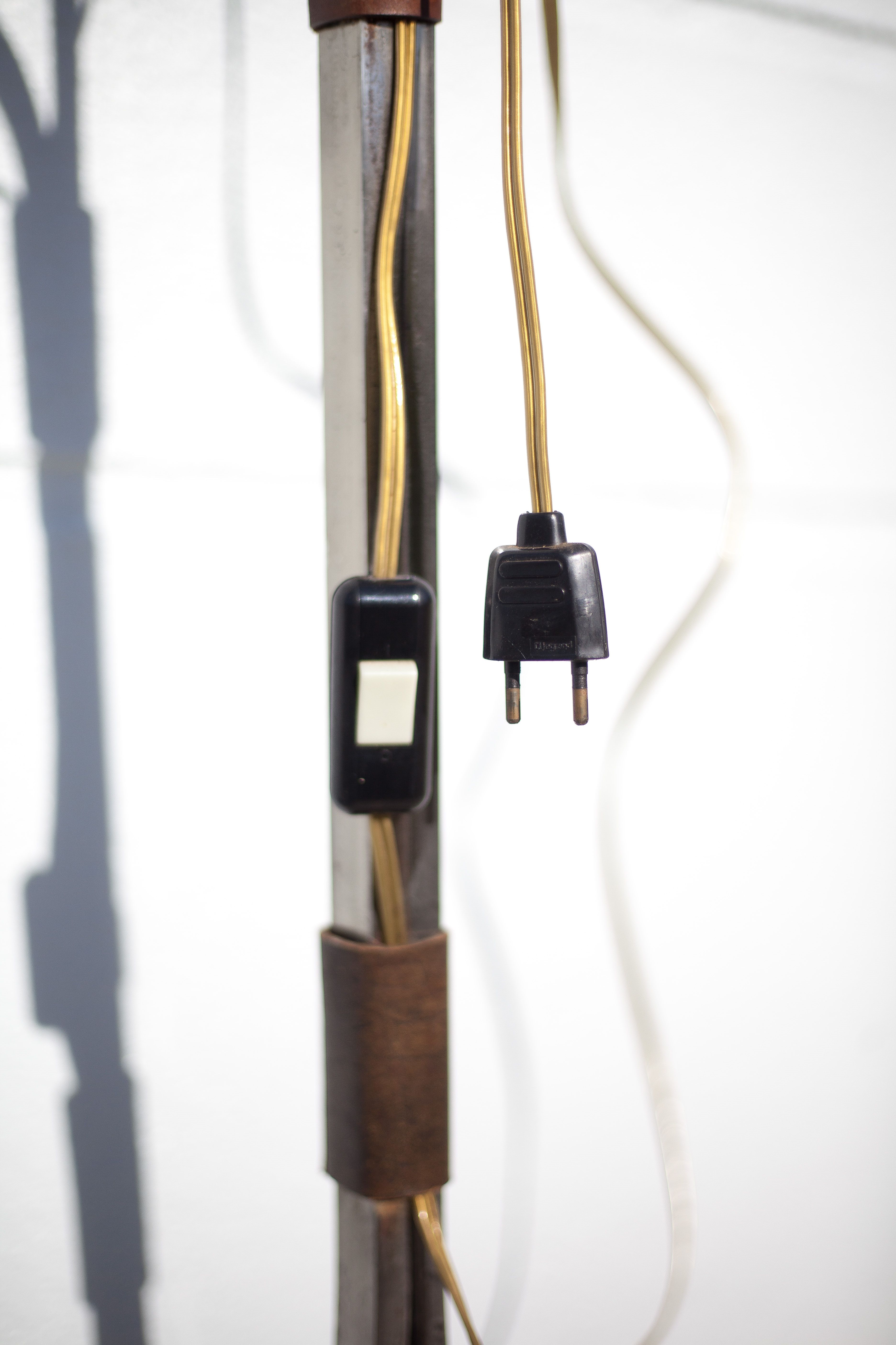 Wrought iron floor lamp Ryckaert JP, Wrought iron and leather floor lamp, living room lamp, 60's