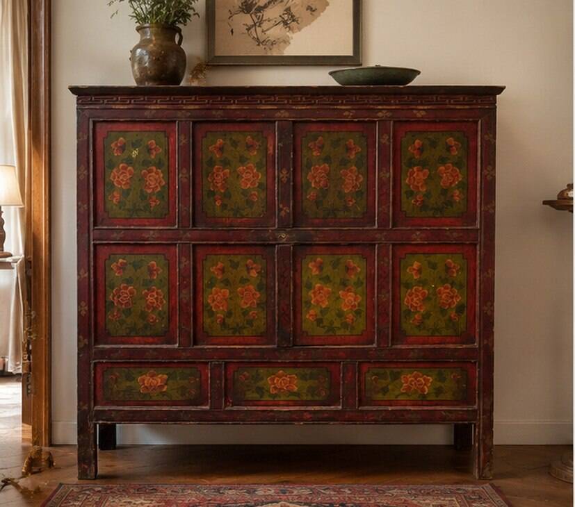 Antique Japanese Wooden Sideboard with Hand-Painted Floral Decorations