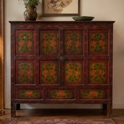 Antique Japanese wooden sideboard with hand-painted floral decorations.
