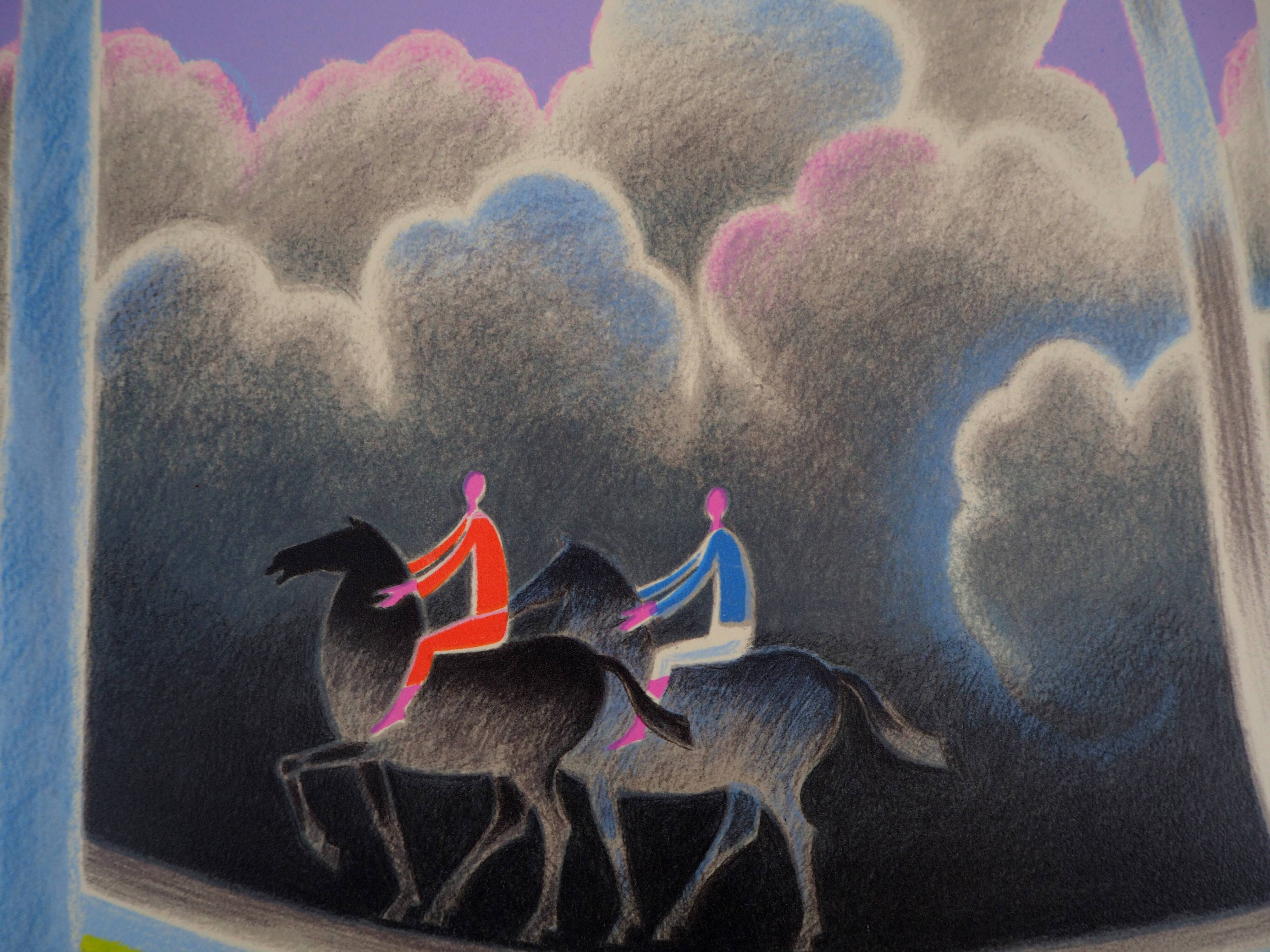 Albert Zavaro: couple of horse riders on a stroll - original lithograph s