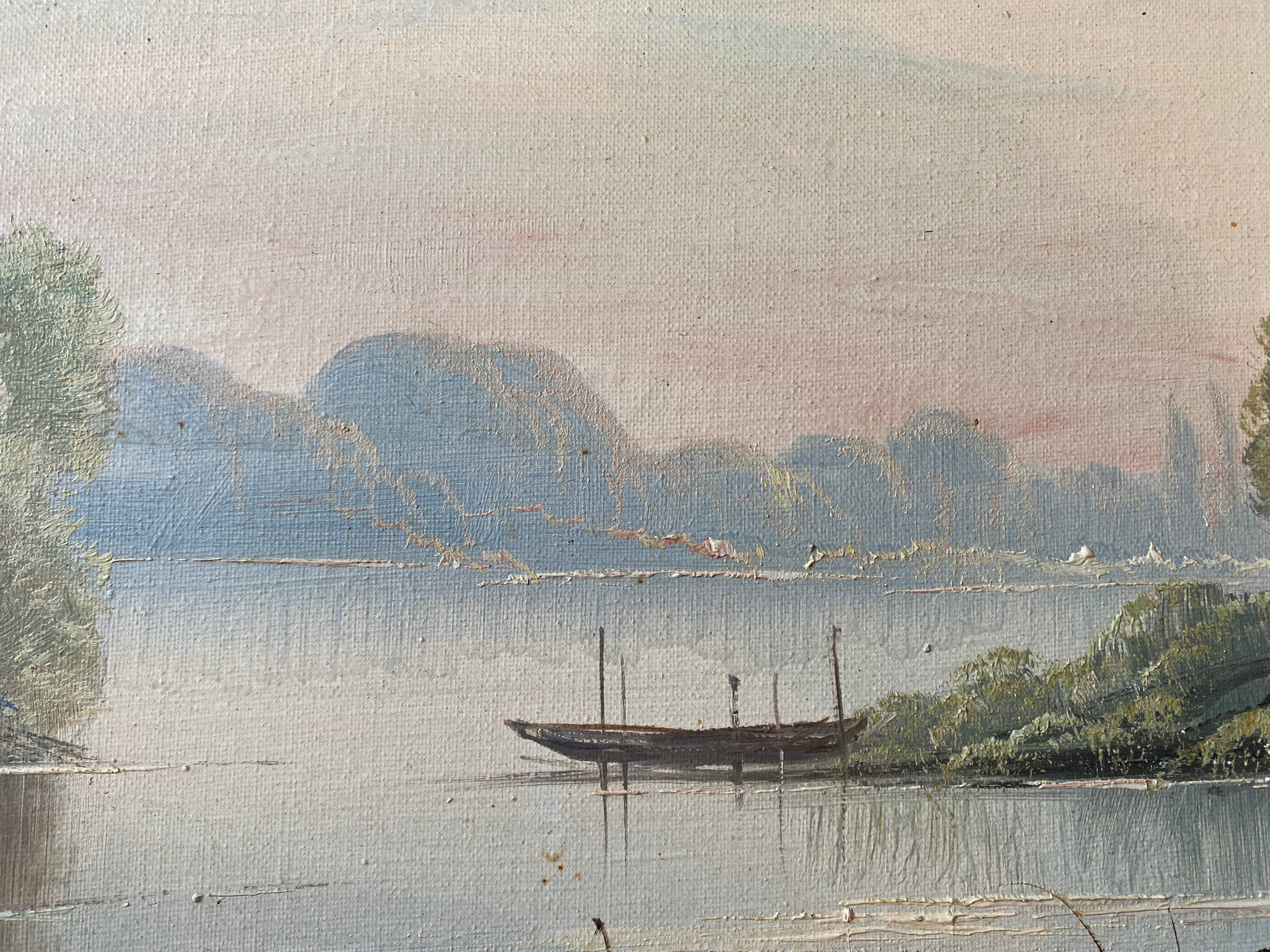 Painting "Landscape with wooded pond" HST signed Fleury + frame