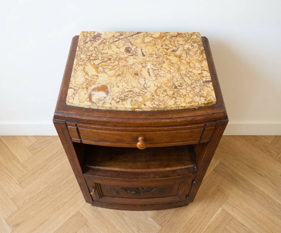 Antique Art Deco bedside table in wood and marble