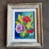 Vintage oil painting on wood pattern vase of flowers still life signed