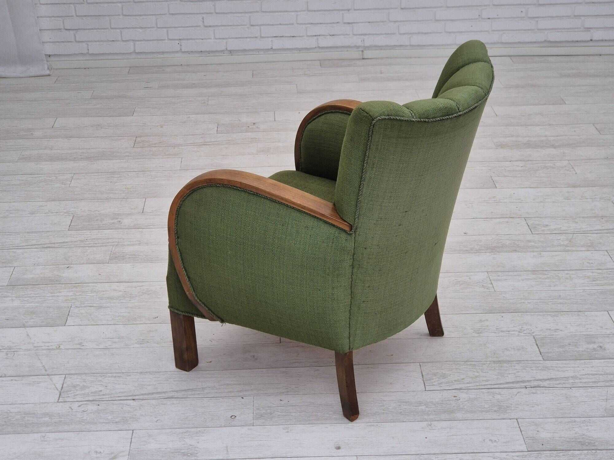 1950s, Danish artdeco armchair, green furniture wool, beech wood, original.
