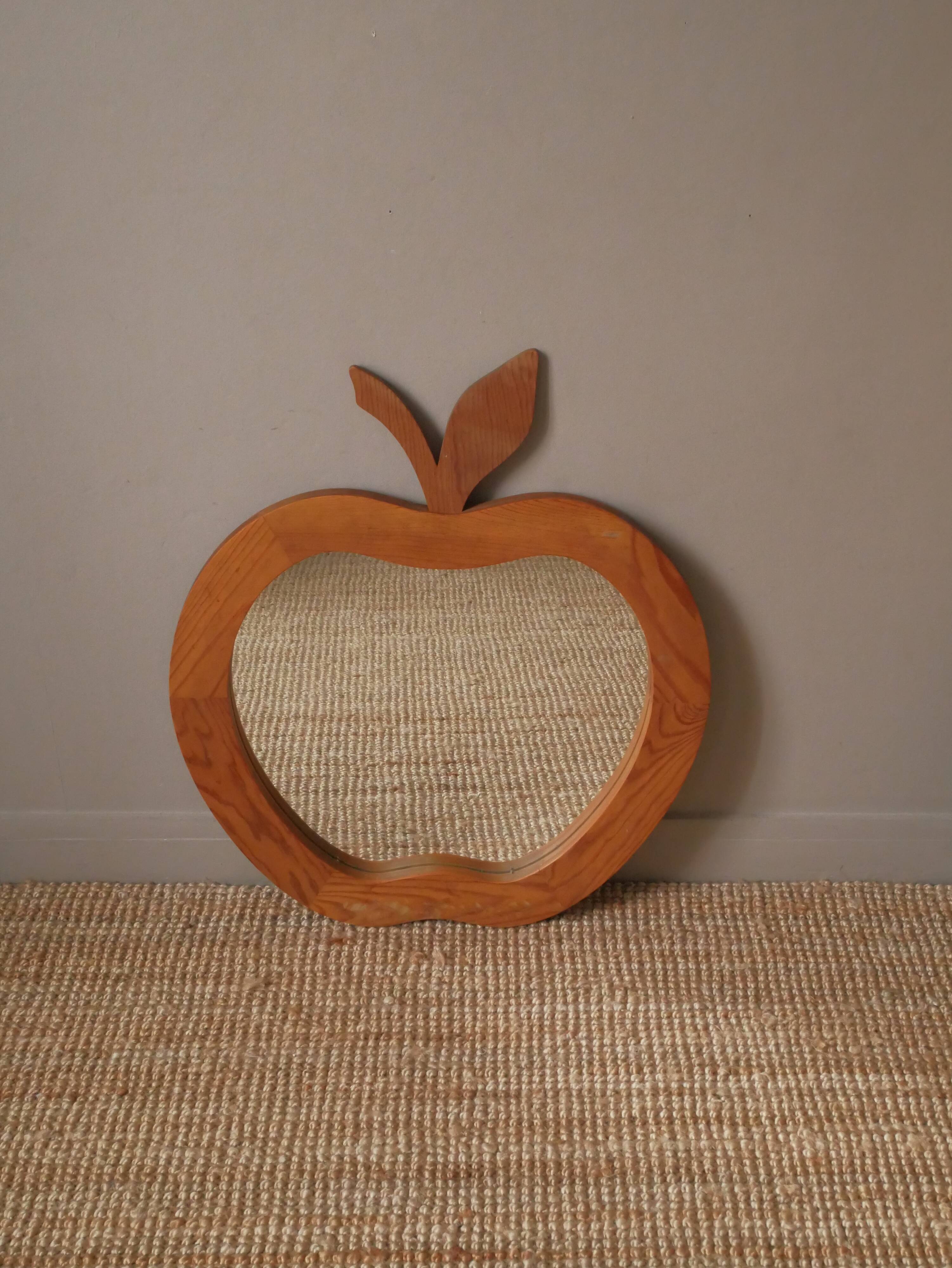 Large XL vintage retro wooden apple mirror, handcrafted, handmade object for children