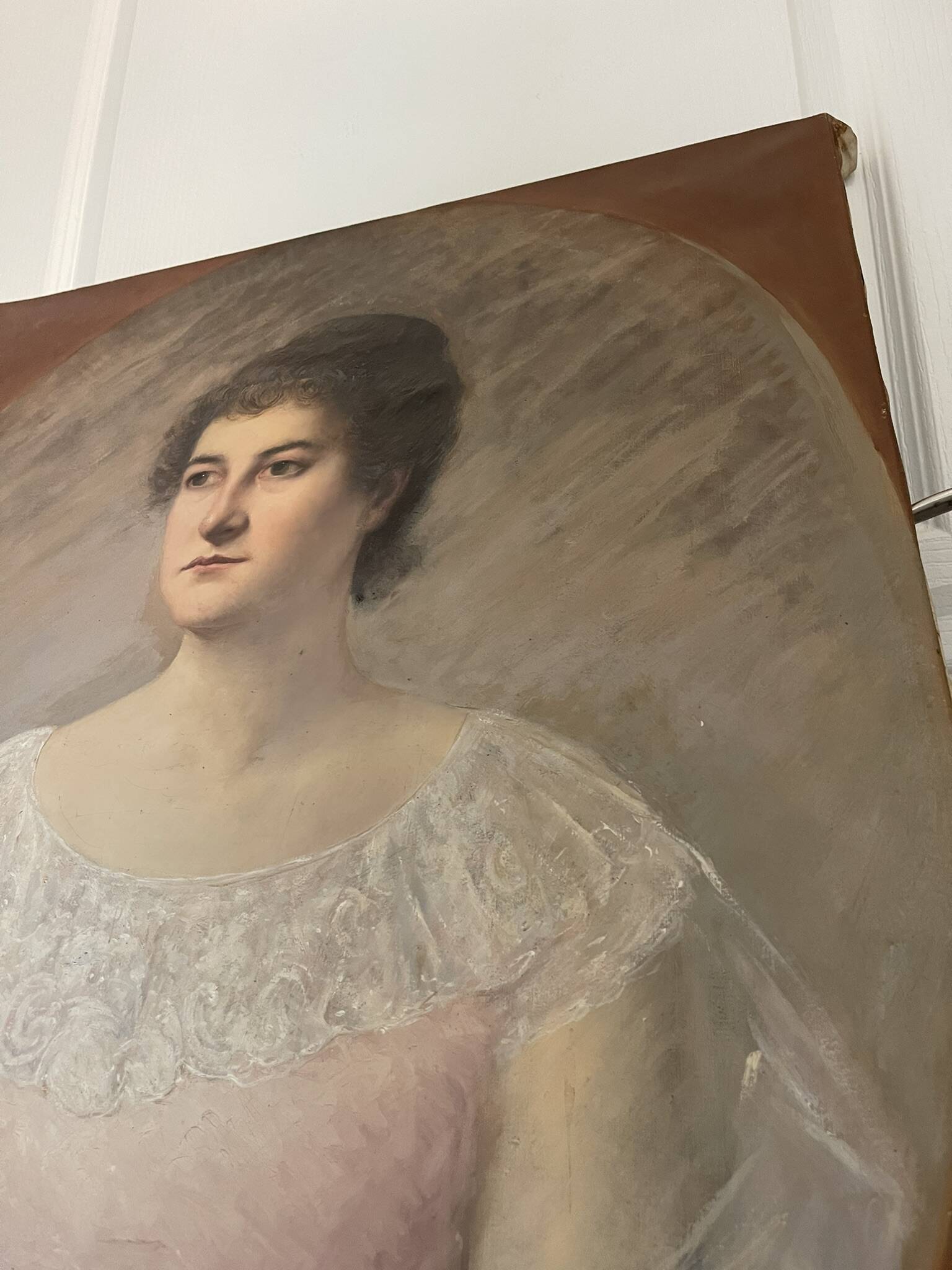 Tableau peinture huile toile portrait femme robe dentelle xixème 19ème merl