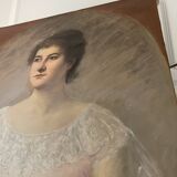 Tableau peinture huile toile portrait femme robe dentelle xixème 19ème merl