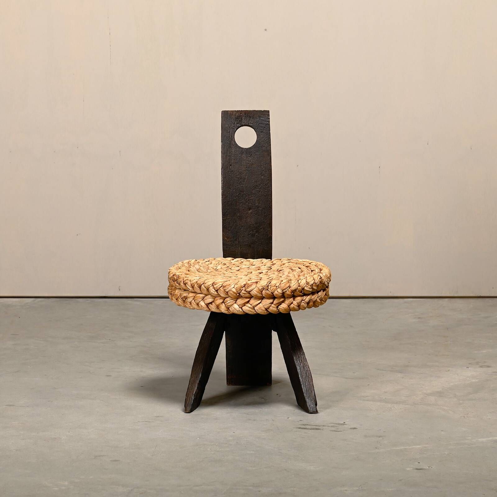 Fireplace Stool in Oak and Straw, France 1950s