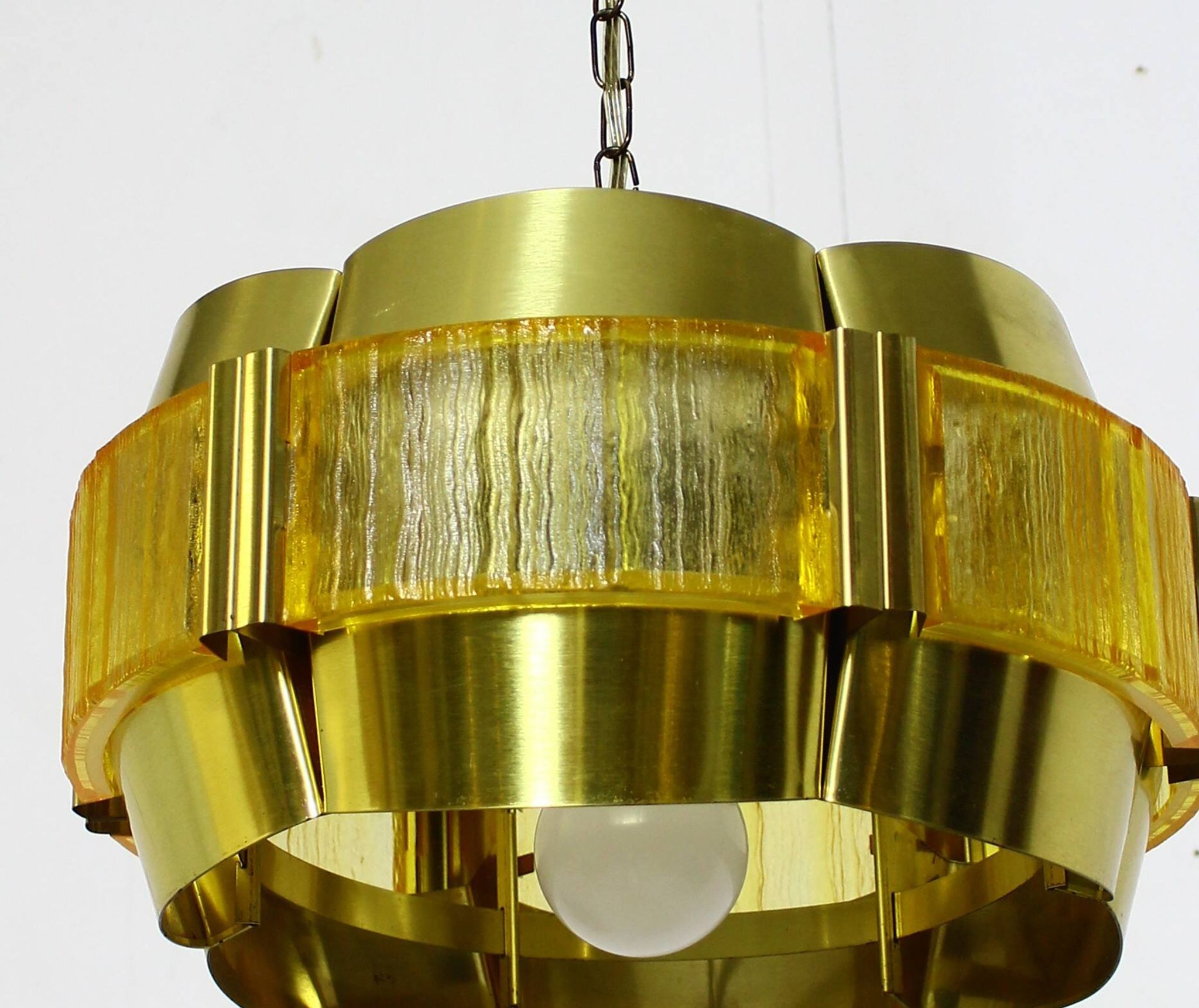 Brass and plastic pendant lamp by Werner Schou, Denmark, 1960