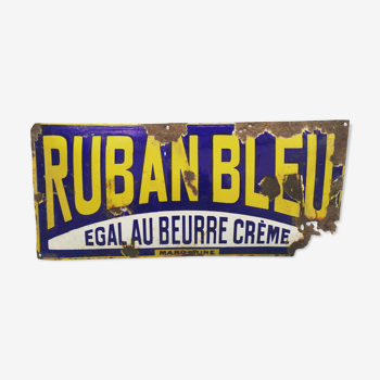 Plaque émaillée bombée publicité ancienne pour margarine Ruban Bleu