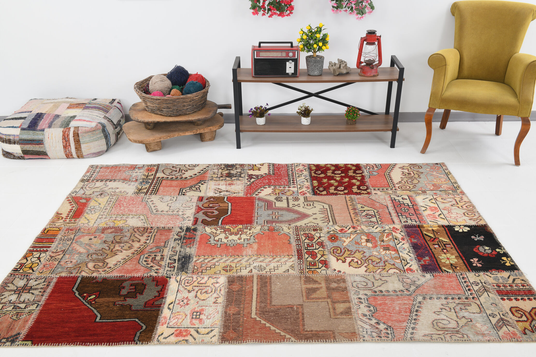 5x8 Neutral Red Beige Oushak Patchwork Rug 245x168Cm