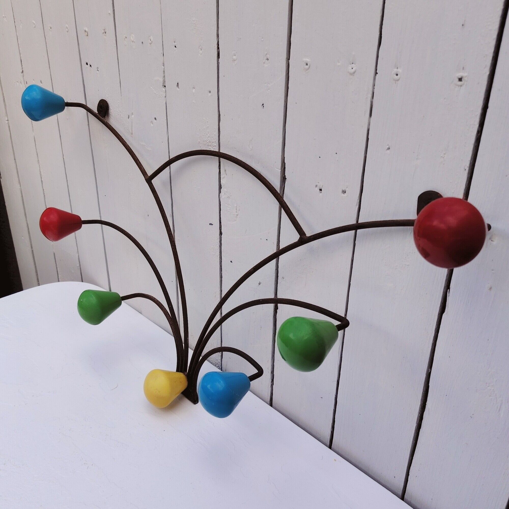 Wall-mounted coat rack with coloured balls, 50s design, vintage