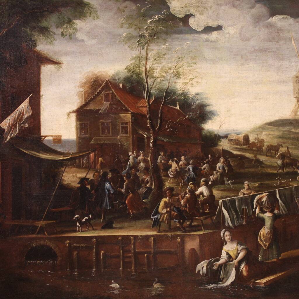 Grand tableau de paysage flamand du XVIIe siècle, fête de village