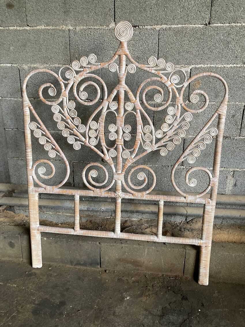 Headboard in rattan peacock white patinated for bed 90cm