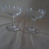 Pair of old crystal champagne glasses wide frieze right foot
