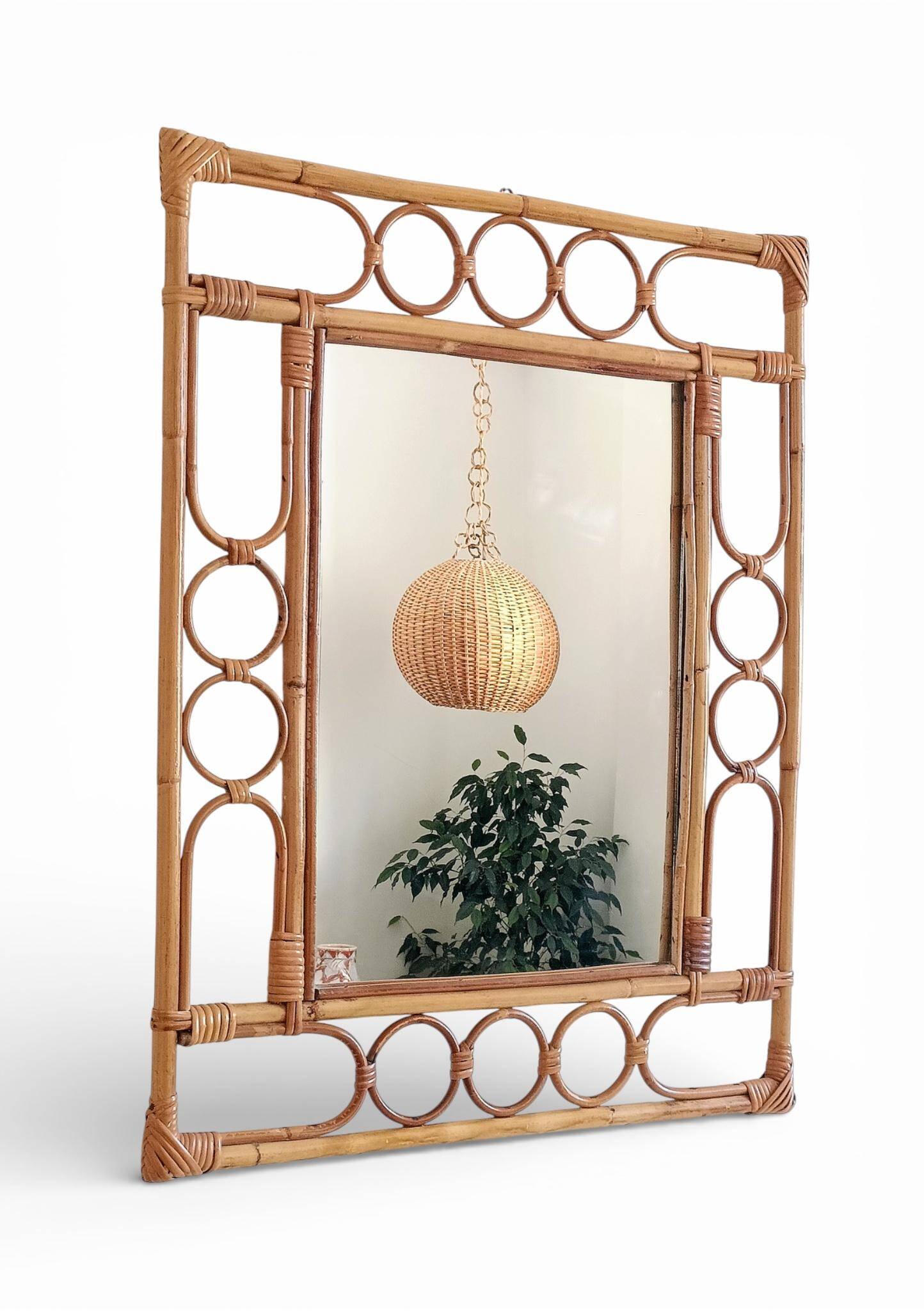 Mid-Century Organic Modern Bamboo & Rattan Mirror, Franco Albini Style, 1960s