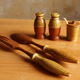 Vintage salt shaker, pepper, mustard and salad cutlery set