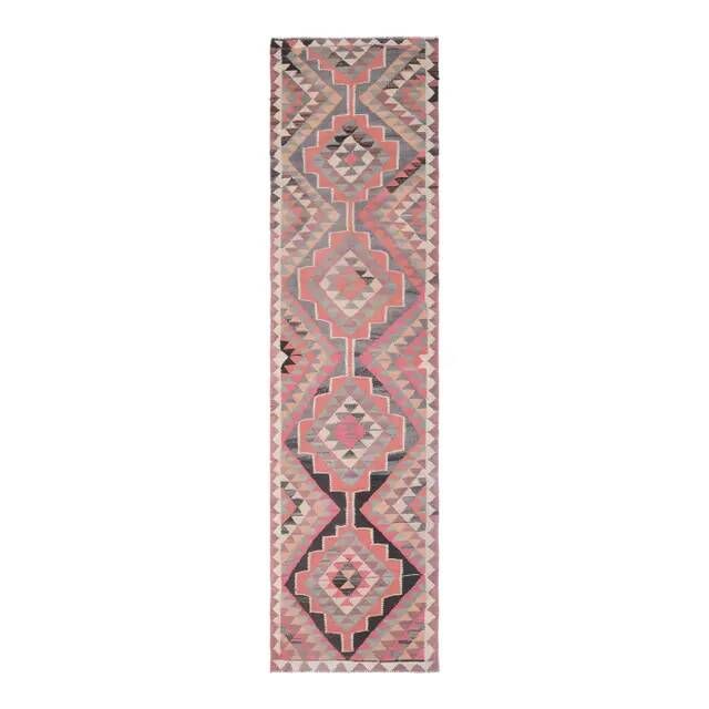 1970s Turkish Oushak Handmade Wool Cotton Pink Runner Rug 93x358
