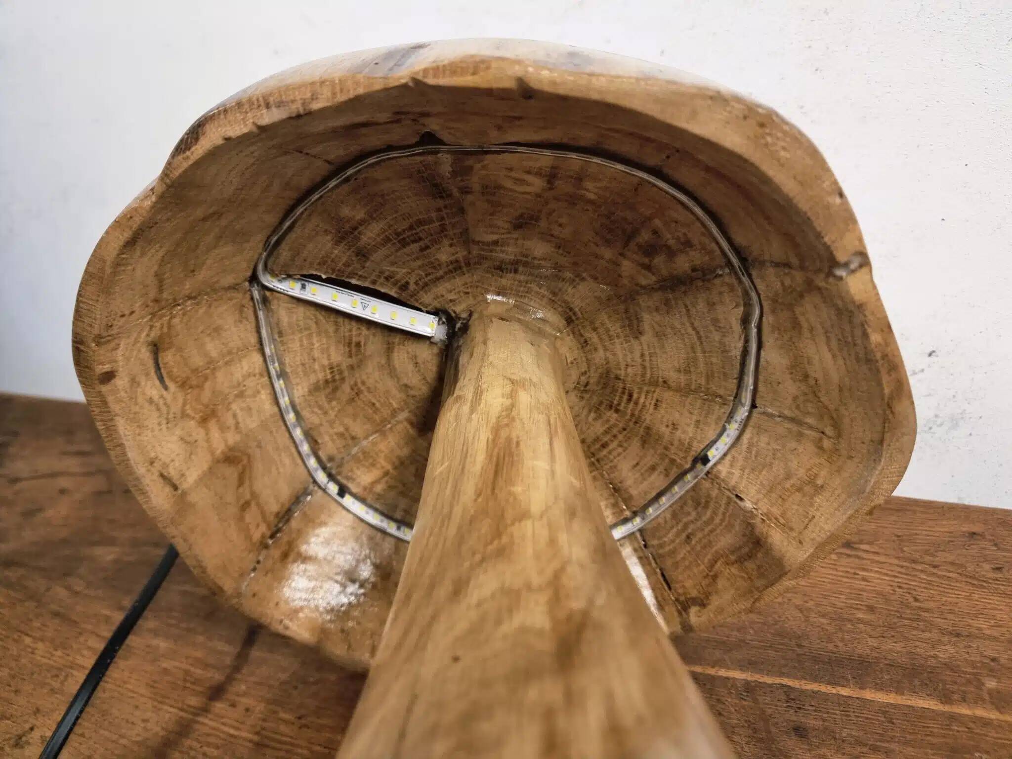 Hand-carved oak table lamp in the shape of a mushroom