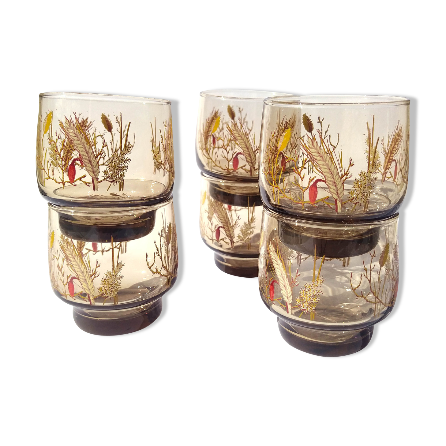 6 vintage Arcoroc smoked glasses with a pattern of ears of wheat