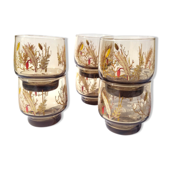 6 vintage Arcoroc smoked glasses with a pattern of ears of wheat