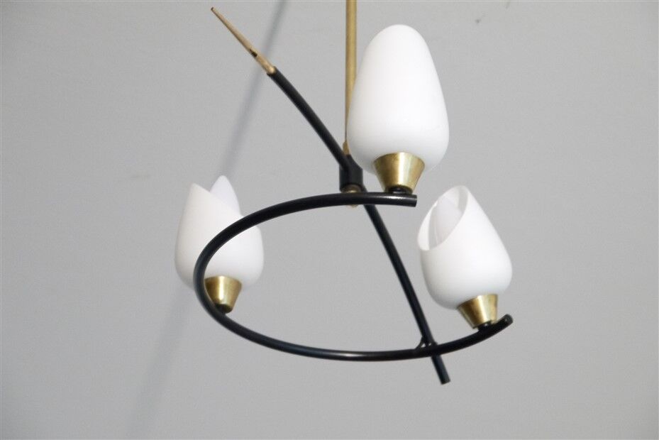 Vintage chandelier arlus in metal, opaline and brass 1950