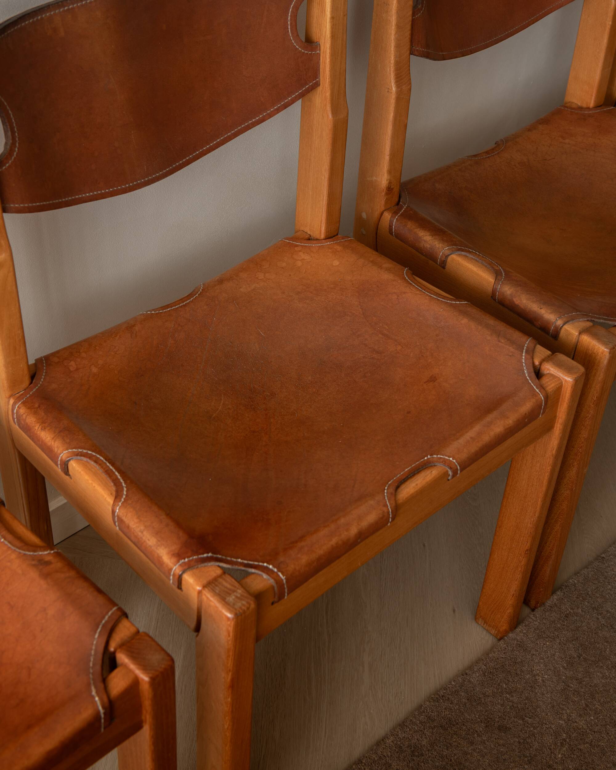 Brutalist Elm and Leather Dining Chairs by Maison Regain, 1970s, Set of 4
