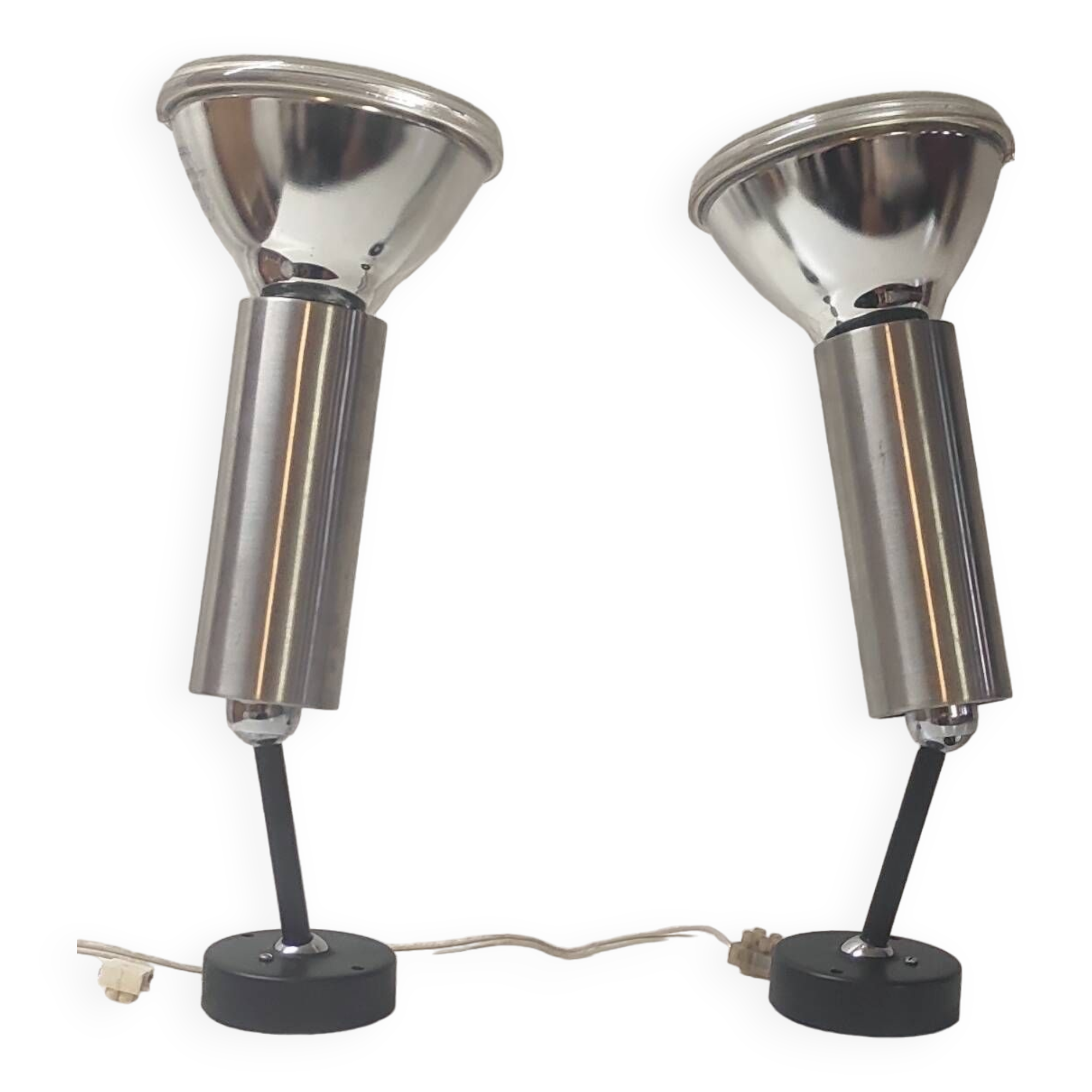 Wall lights - duo of articulated spots in chrome and black metal - 1970s