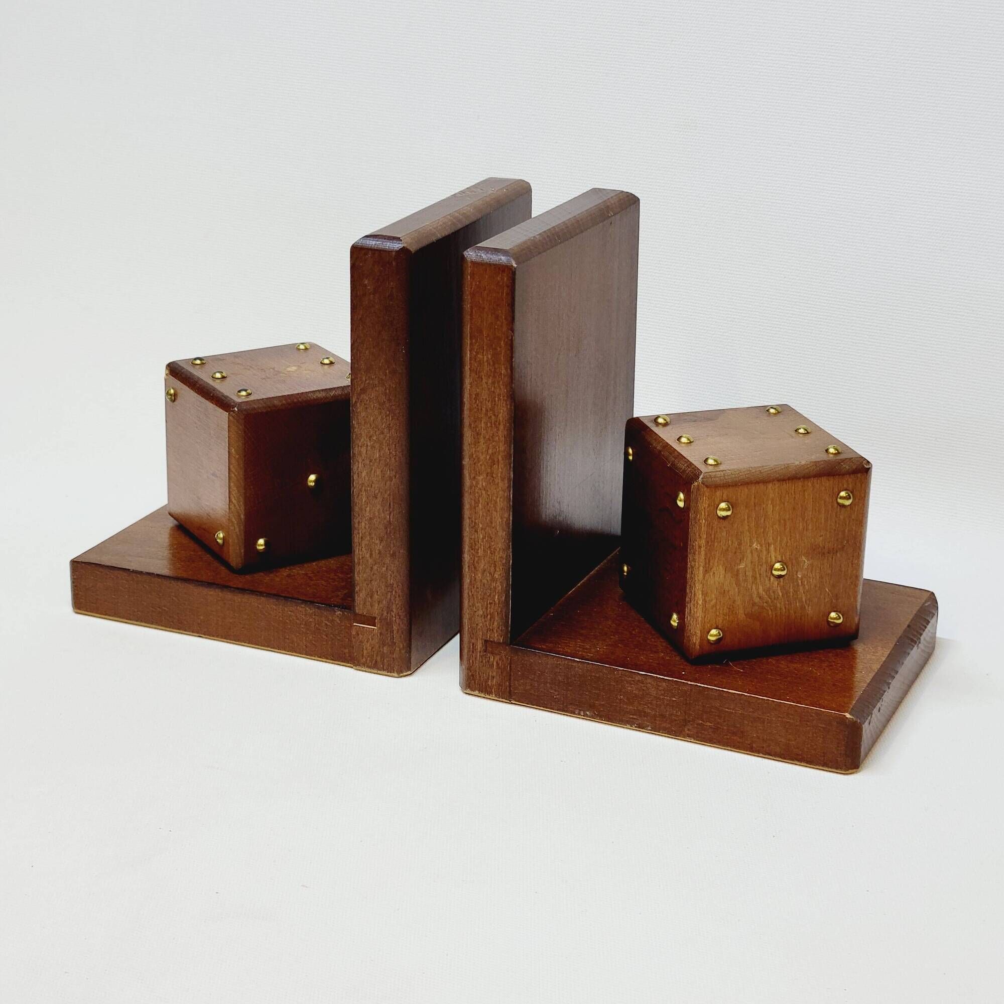 Pair of French Art Deco Wooden Bookends with Dice