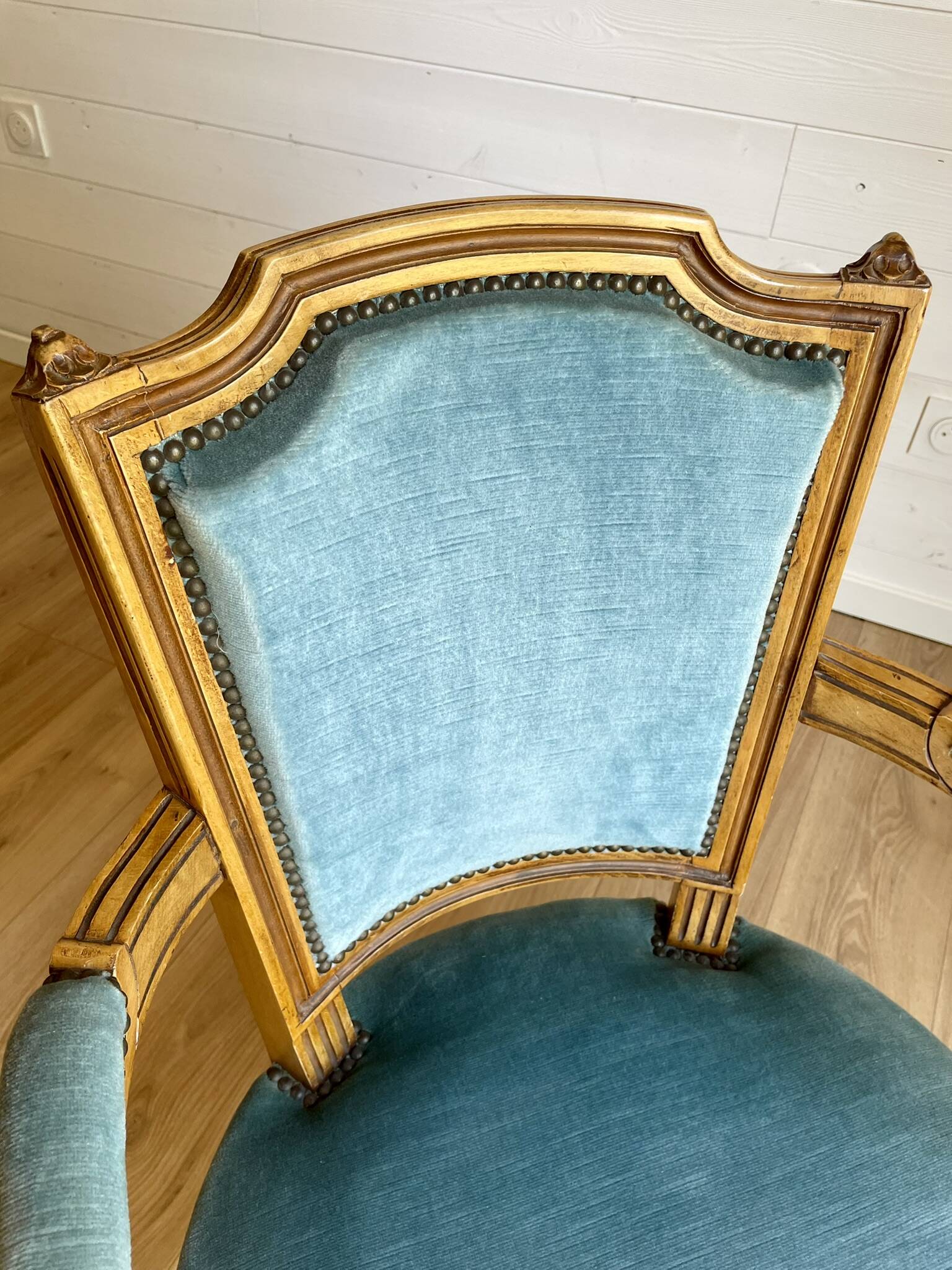 Pair of Louis XVI vintage cabriolet armchairs in duck blue velvet and wood.