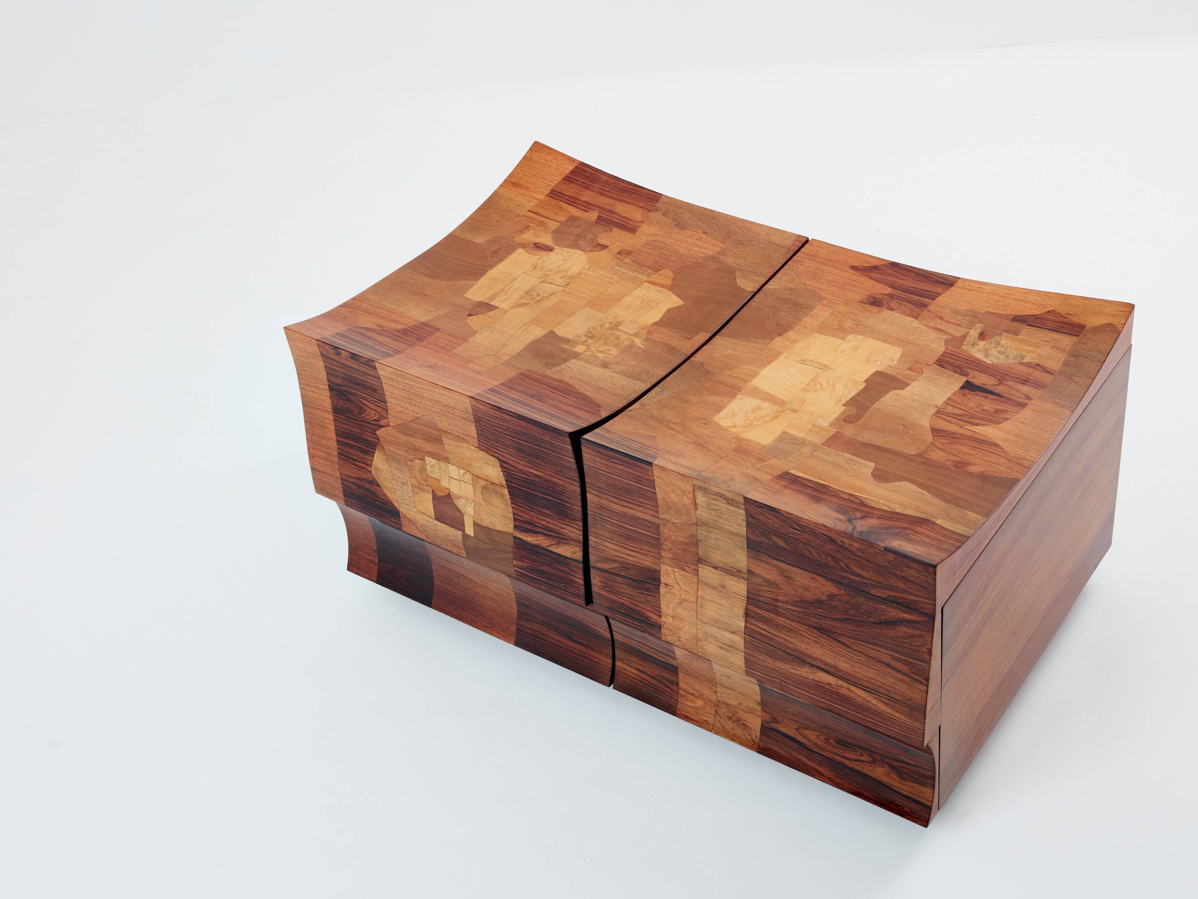 Bar chest in wood and brass marquetry signed Michel Lefèvre 1960