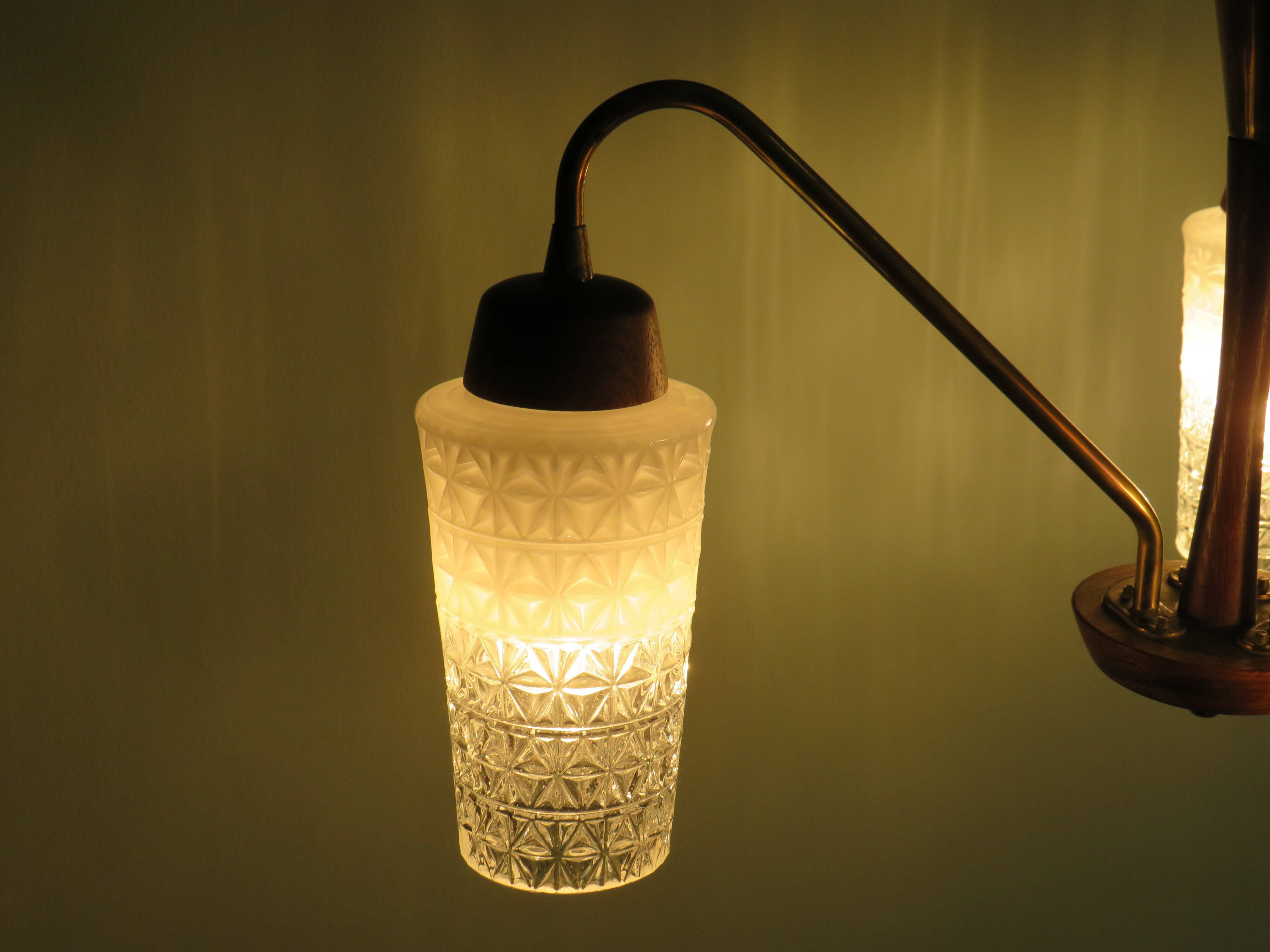 Scandinavian 3-arm chandelier, teak, brass and 1960 glass