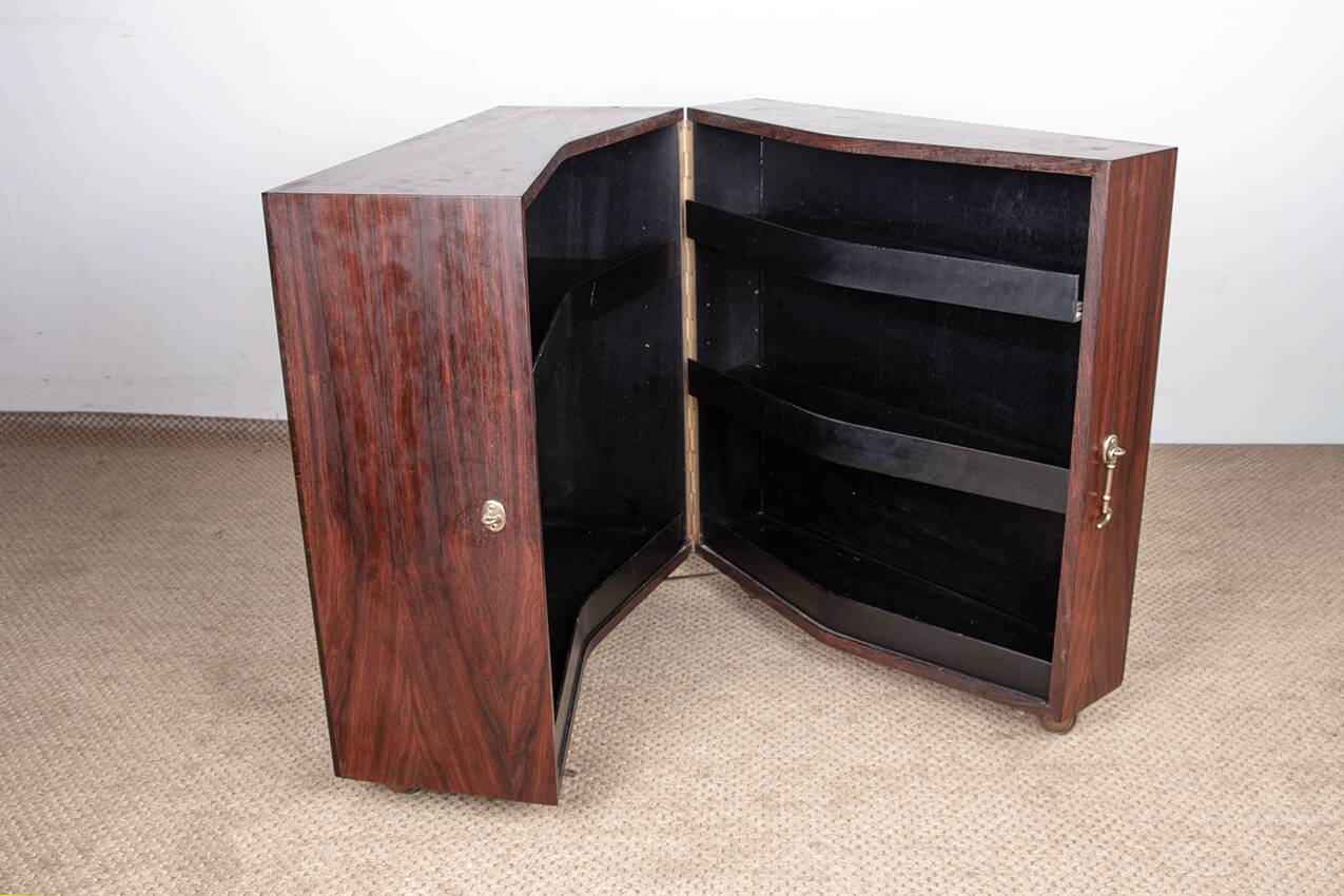 Danish bar cabinet on wheels in rosewood and brass by Jorgen Clausen