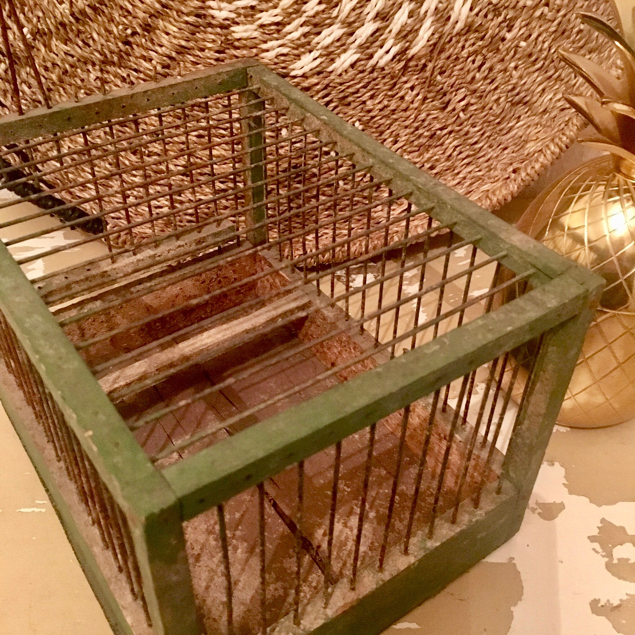 Green wooden bird cage