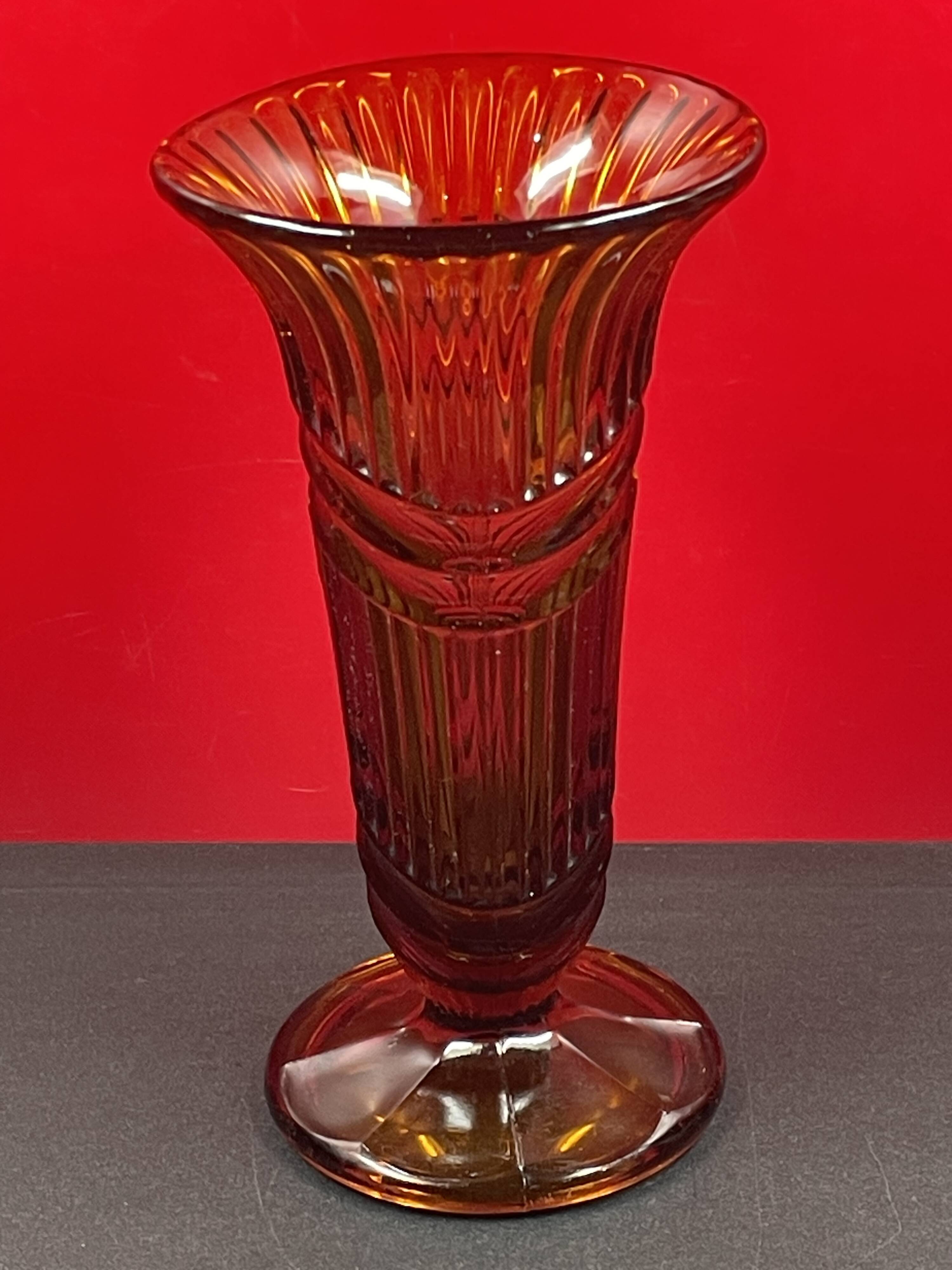 Art Deco Pressed Glass Vase Amber Color 25.3 cm