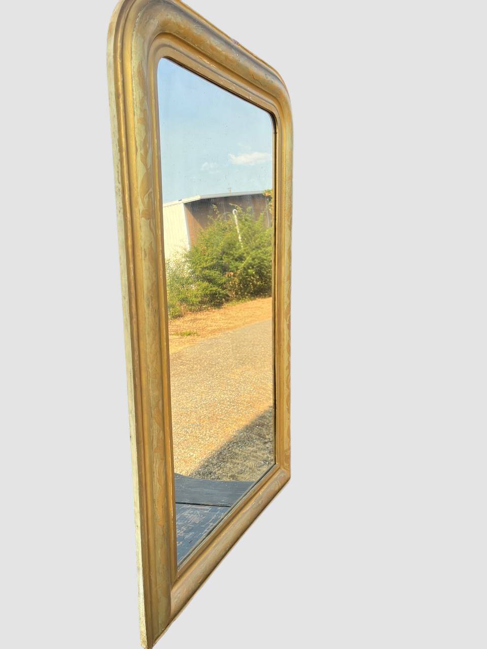 Grand miroir ancien français doré à décor floral peint