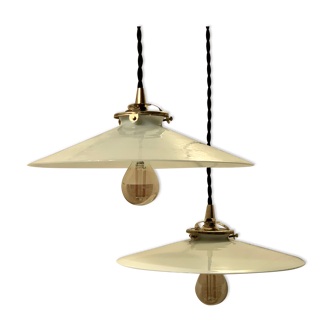 Pair of suspensions bistrot 1920 opaline indus