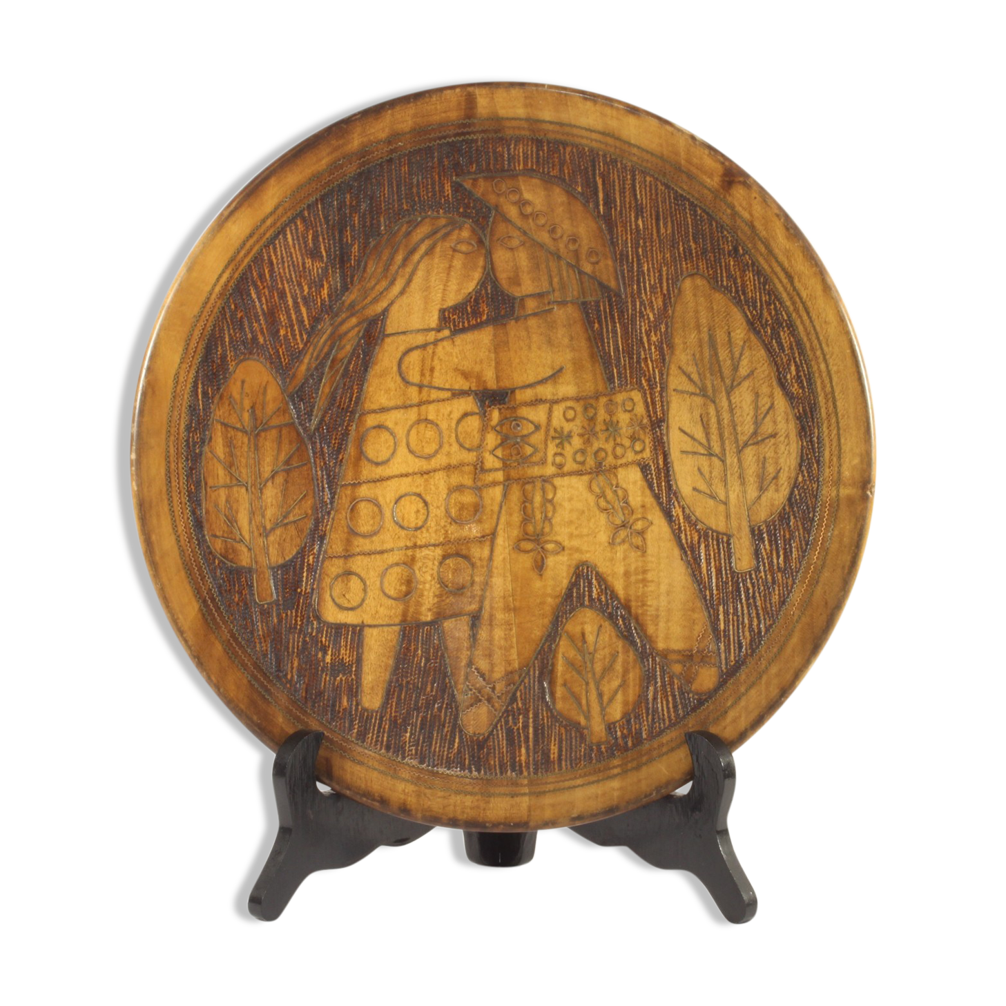 Scandinavian brass inlaid wooden plate with figures, 1960s.