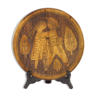 Scandinavian brass inlaid wooden plate with figures, 1960s.