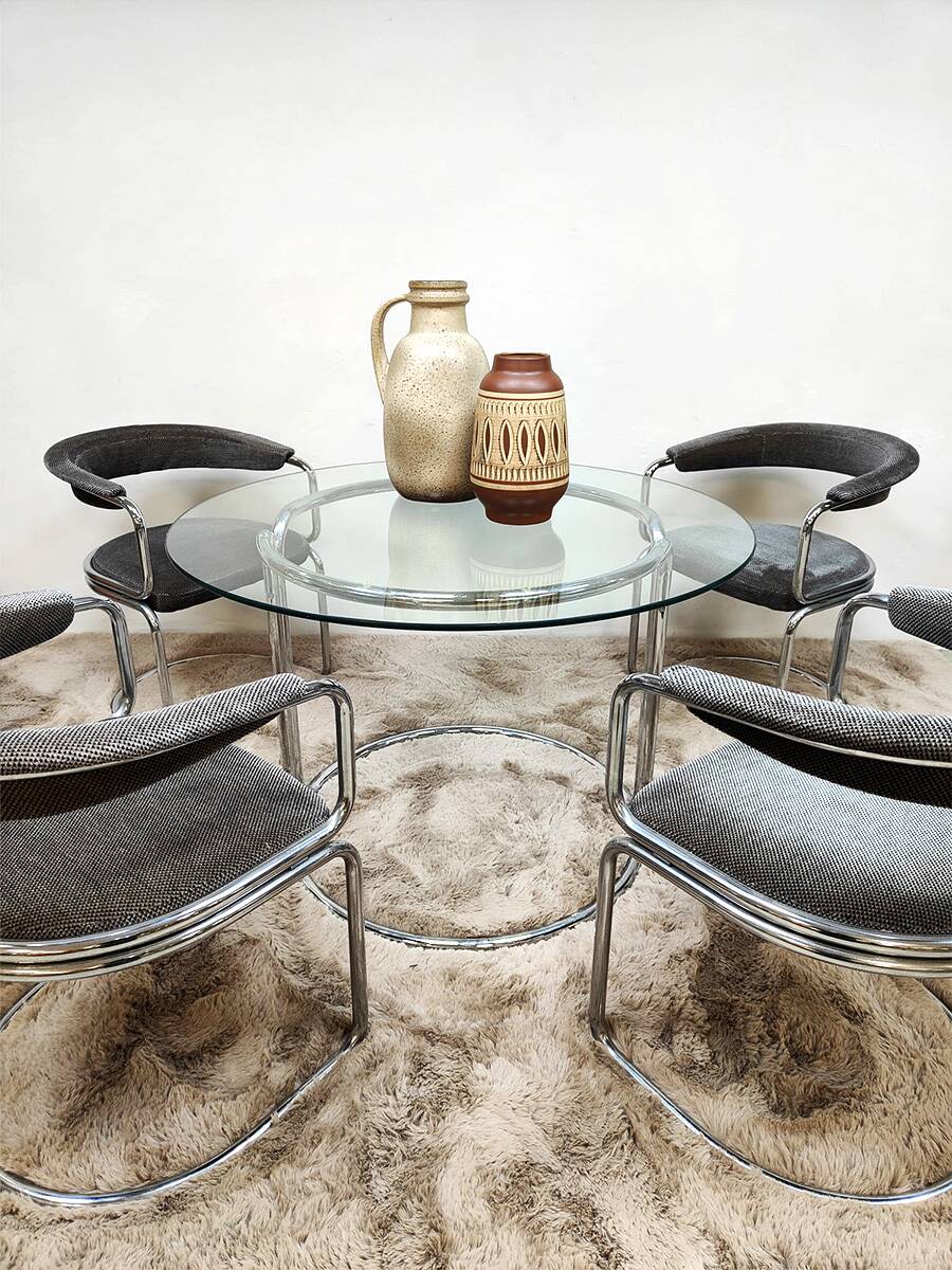 Modern vintage chrome tubular dining chairs & table