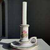 Small vintage hand-held candlestick in earthenware with green trim and floral decoration H10.5