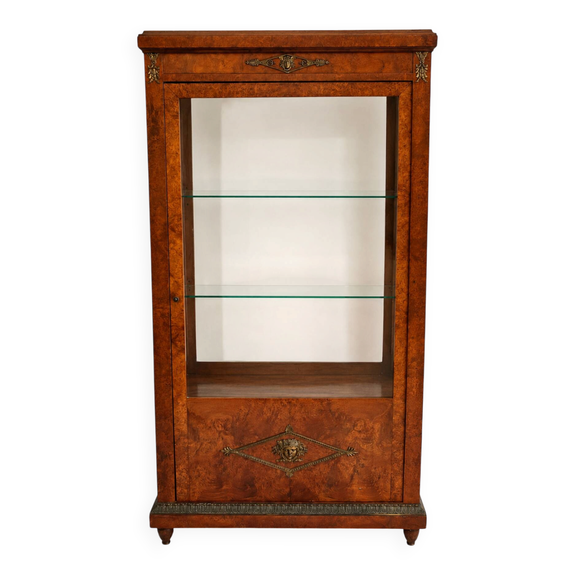 Vitrine ancienne en loupe d’orme et bronzés dorés - Style Napoléon III
